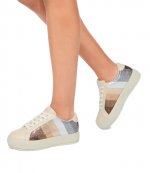 Metal Comb White Leather Earth Colour Rhinestones Sneaker